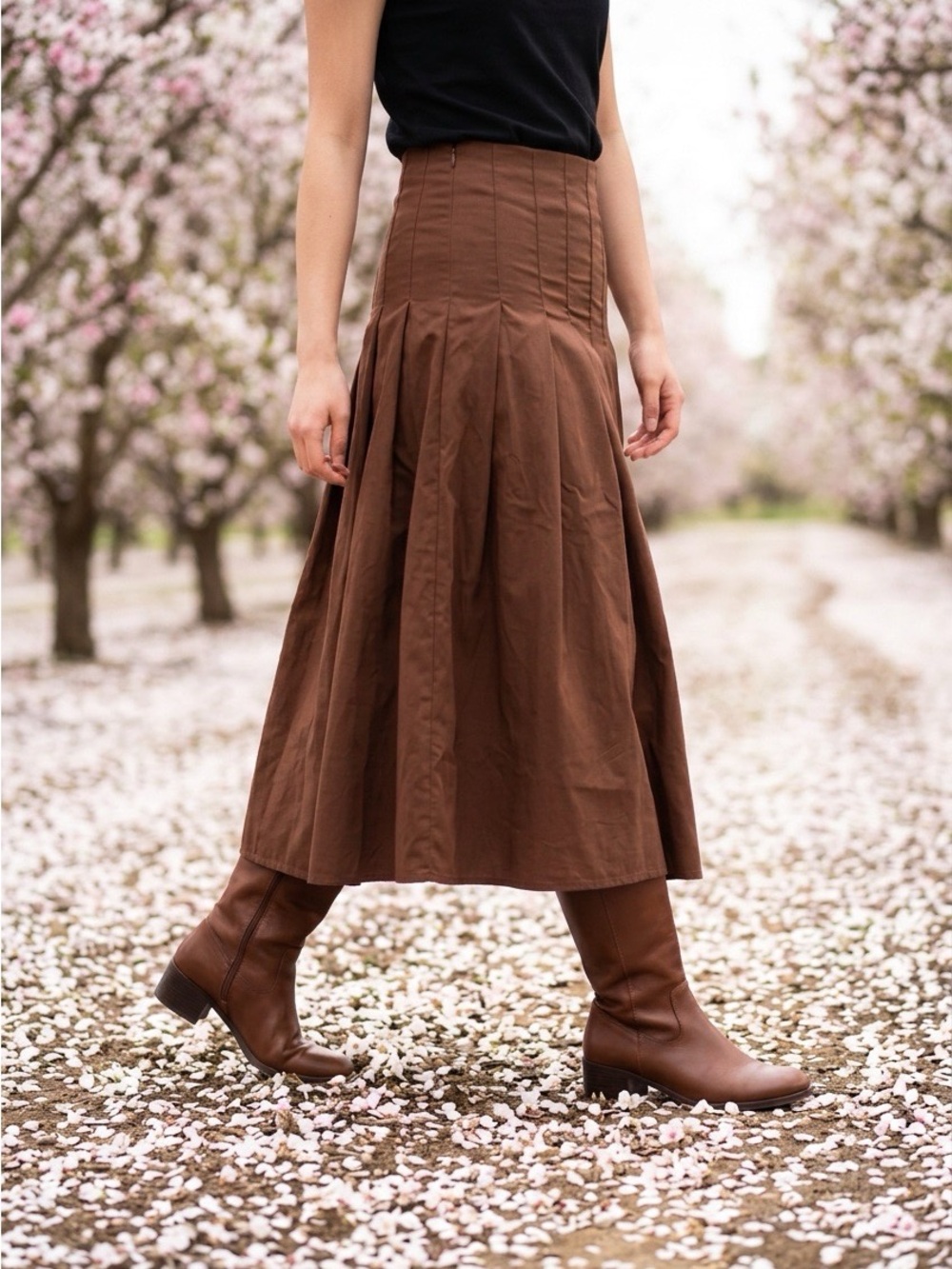 2176 - SHEIN Brown High-Waist Pleated Maxi Skirt - Picture 1 of 8